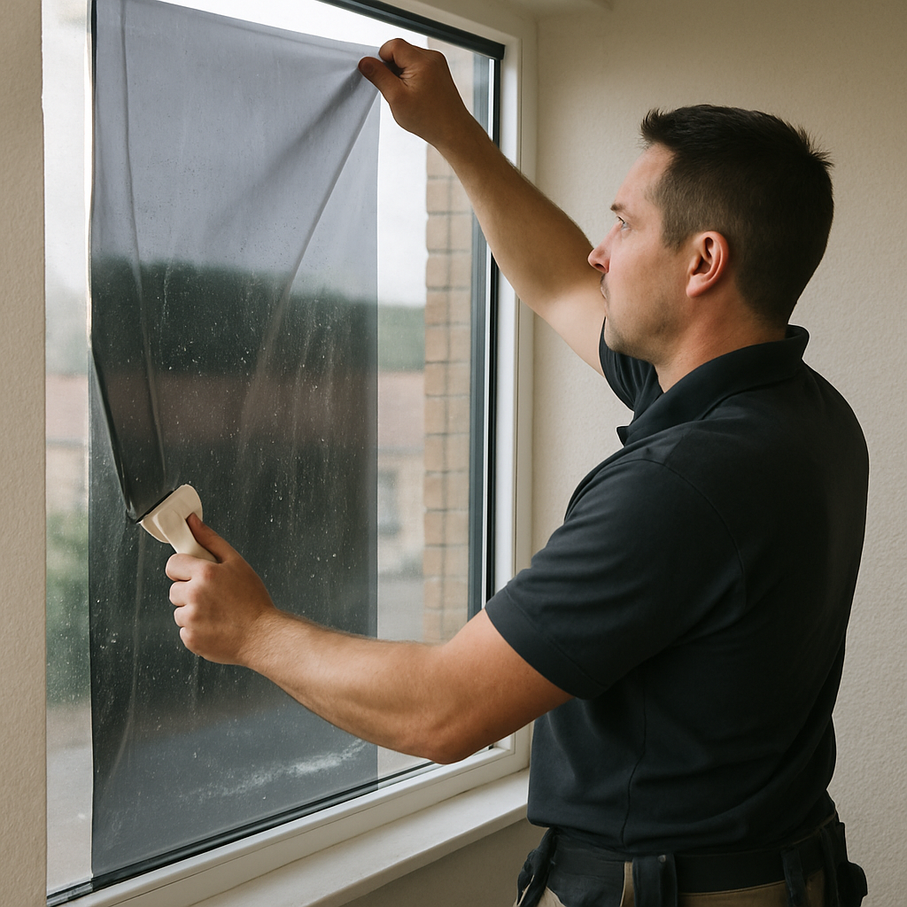 Professional installer applying window film