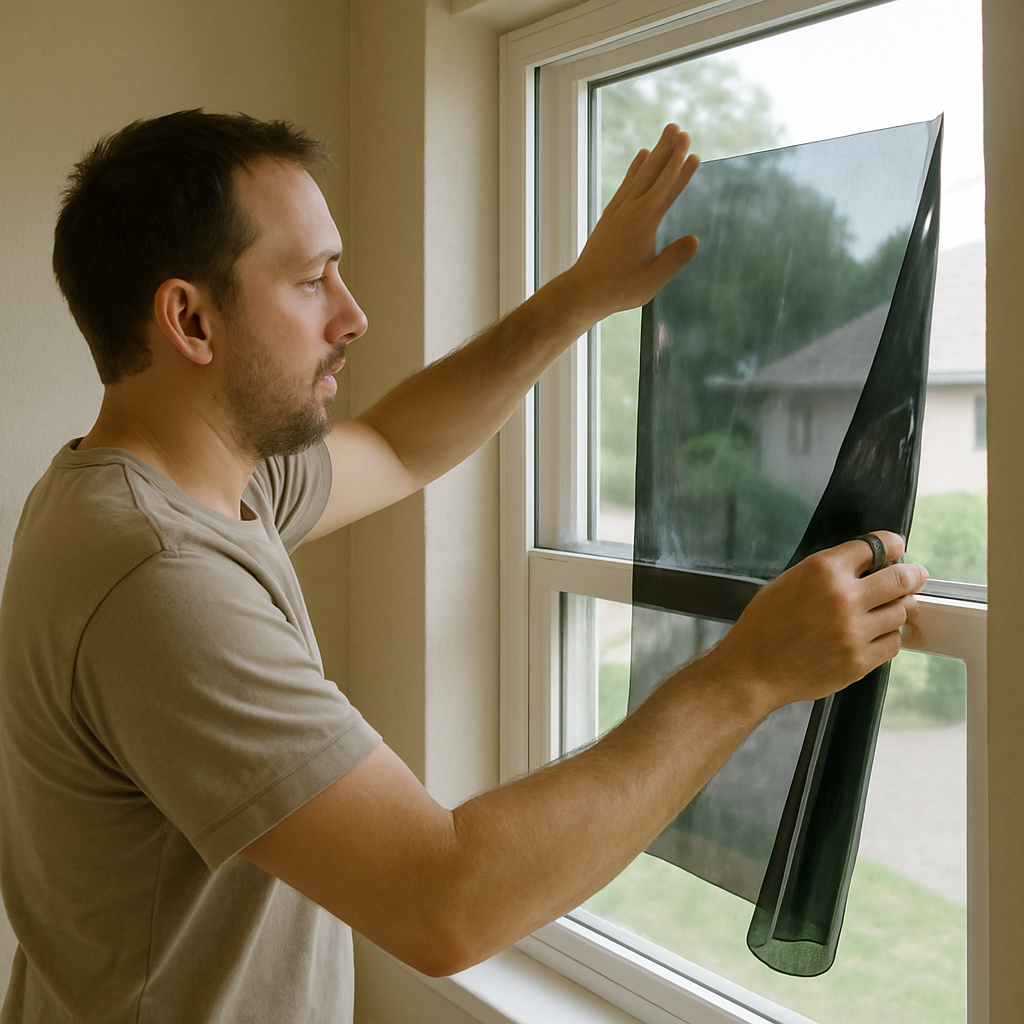 Person installing window film on a home window
