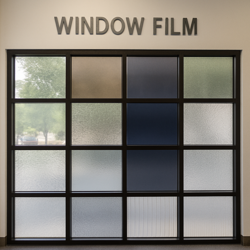 A variety of window films displayed in a showroom
