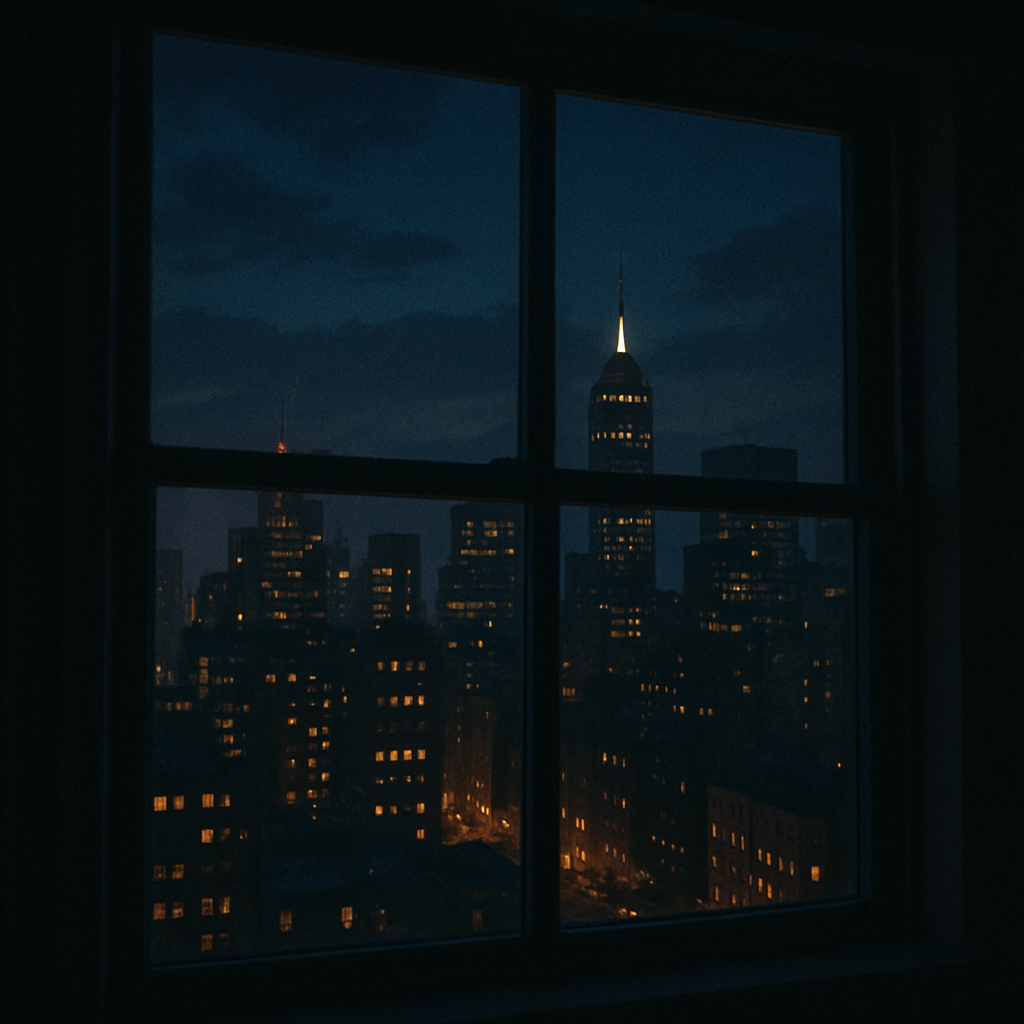City view from a window at night