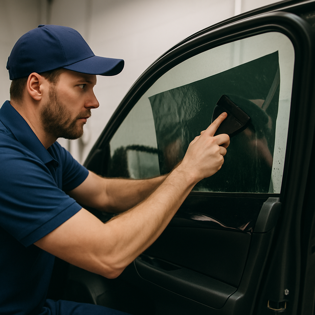Professional installing window tint